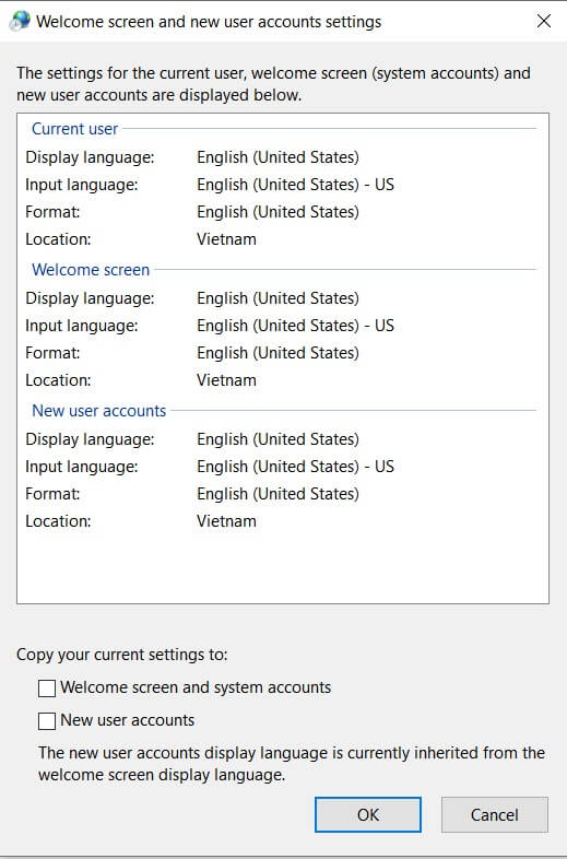 How to change the language in Windows 10? - New user accounts boxes