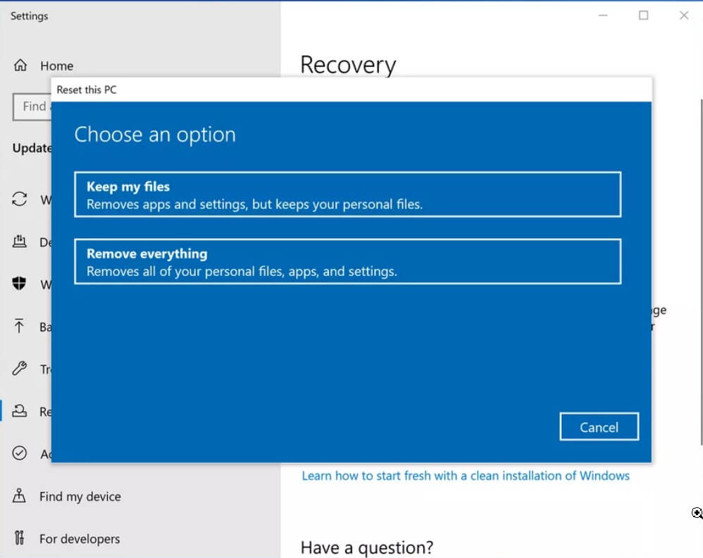 If Windows 10 starts: Reset your PC feature