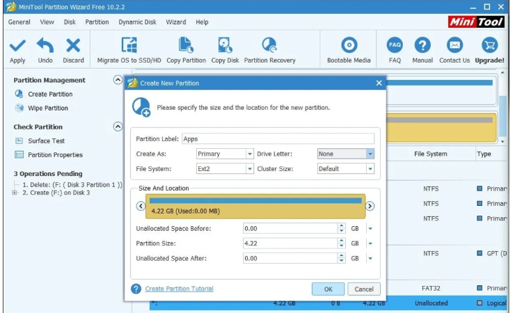 Create another partition to store the apps 
